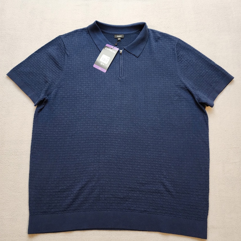 Express Men's XXL Navy Blue Textured Quarter Zip Polo Shirt NWT $74 MSRP